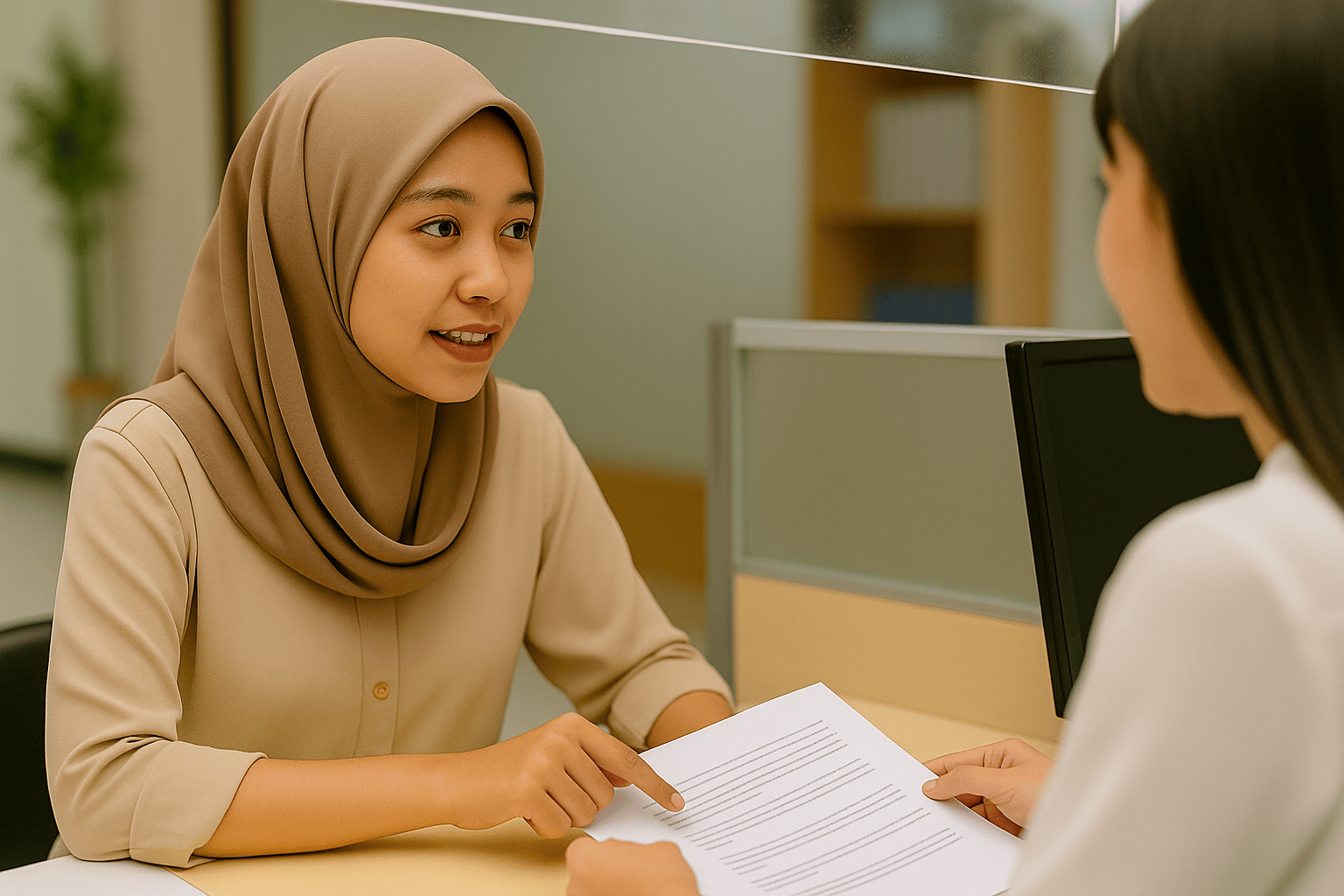 市役所窓口にいるインドネシア人の女性